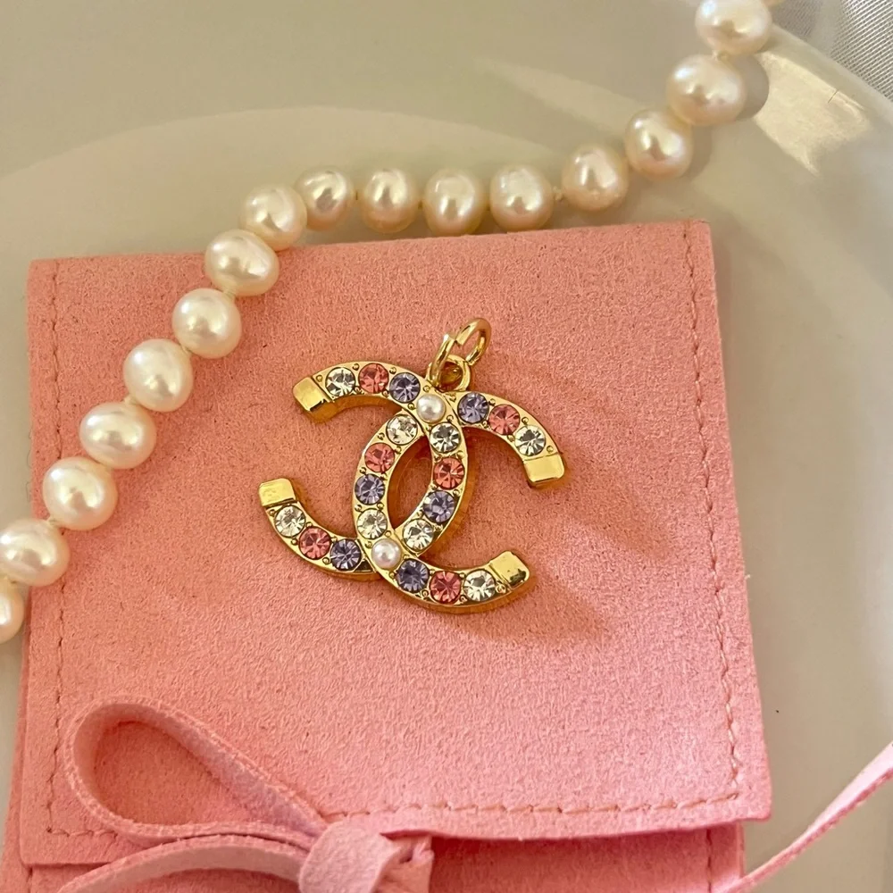 Gold Chanel Charm with Pink, Purple and Pearl Accents - Picture 5 of 10